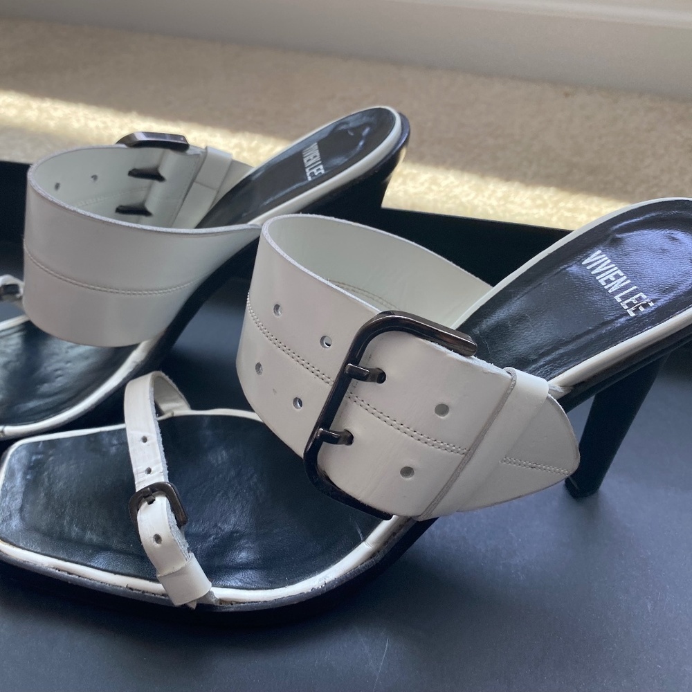 VIVIAN LEE Leather White Strap Designer Buckle Heels Unique Women’s Sz 41